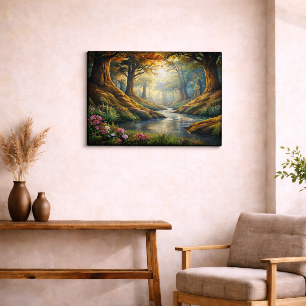 Second view of the forest paint by numbers canvas showing dappled light detail