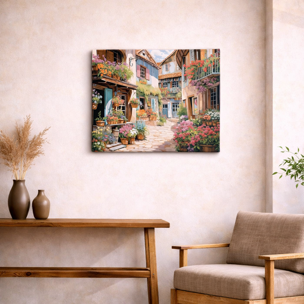 Close-up of the potted flowers on the Petals & Pathways paint by numbers canvas