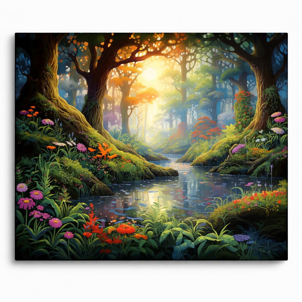Sunlit forest stream, Where Light Learns to Rest paint by numbers artwork