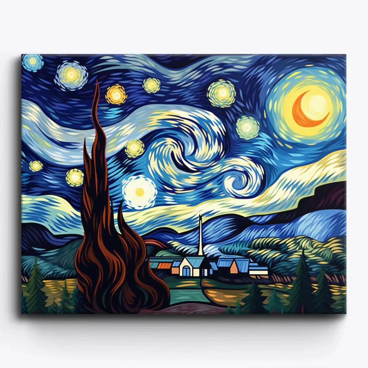 Celestial Calm paint by numbers canvas of a swirling starry night sky over a village