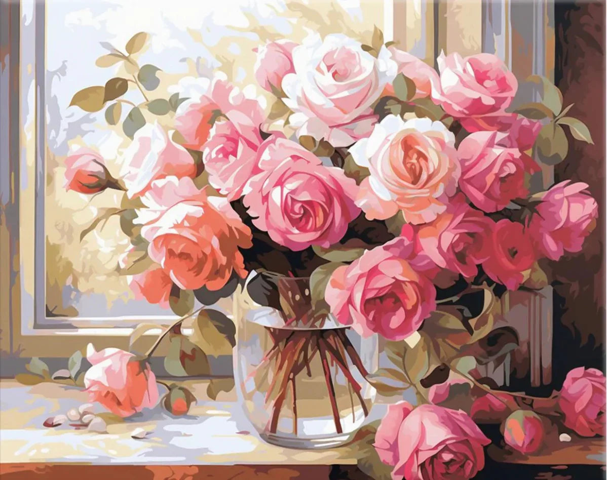 Finished windowsill roses paint by numbers canvas hanging framed on a bedroom wall