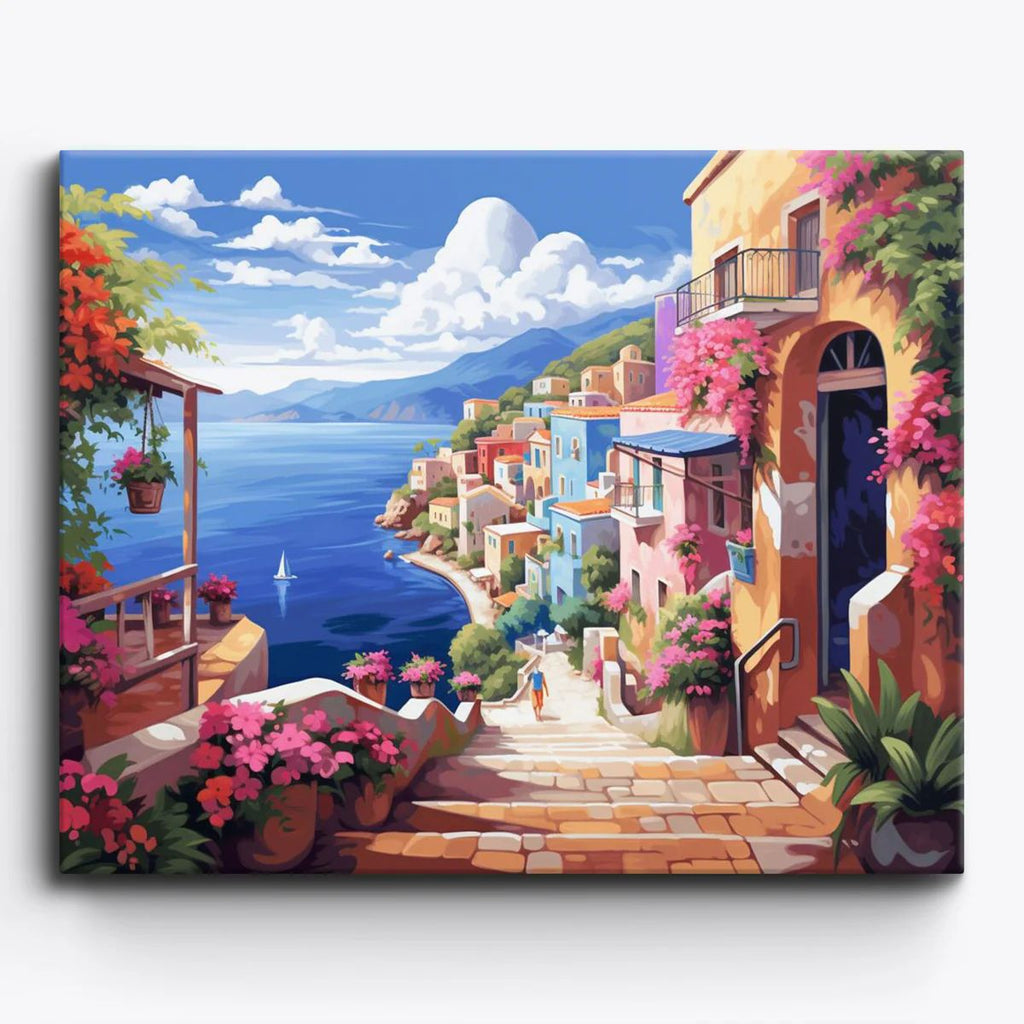 Finished Where the Sea Meets Calm paint by numbers canvas framed on a living room wall