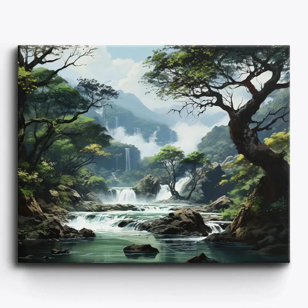 Finished Hidden Falls paint by numbers canvas framed on a reading nook wall