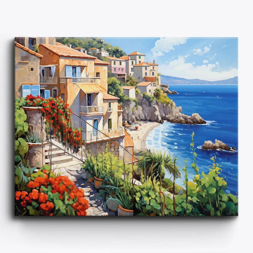 Finished Seaside Haven paint by numbers canvas framed on a study wall