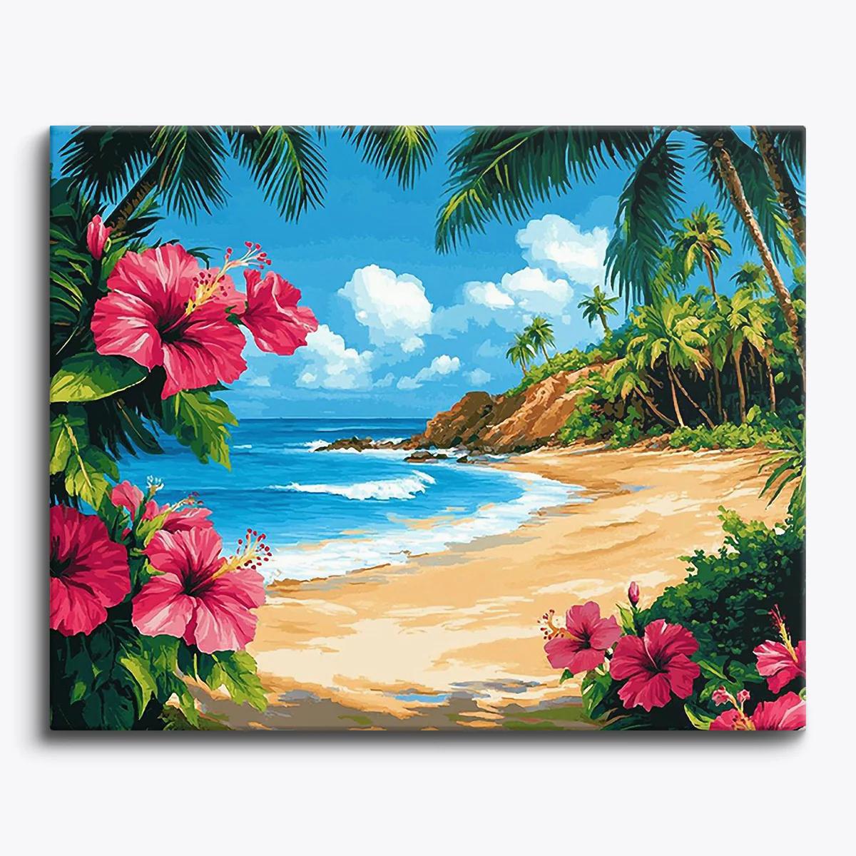 Finished Bliss by the Bay paint by numbers canvas framed on a balcony-facing wall