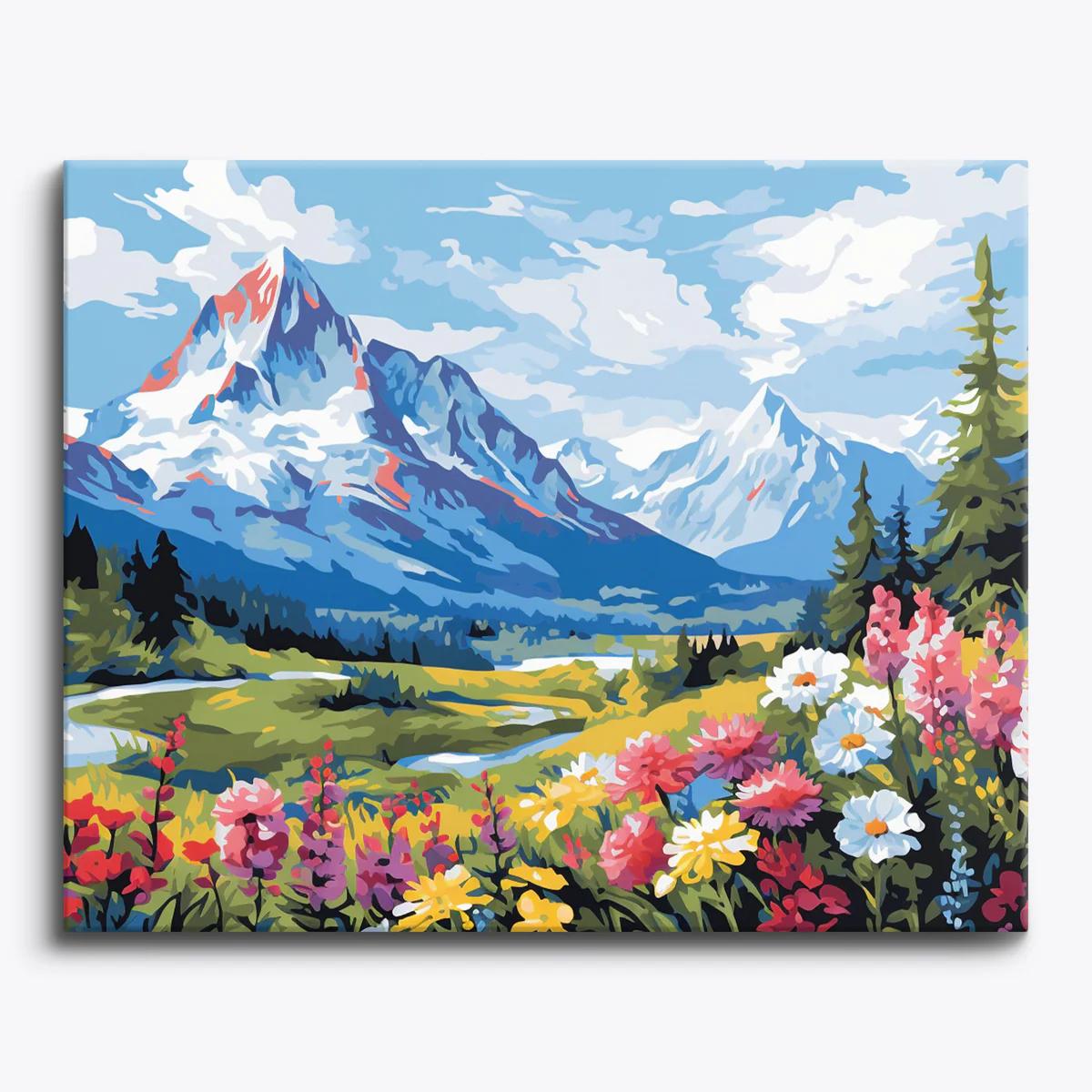 Finished Alpine Blossom Valley paint by numbers canvas framed above a console table