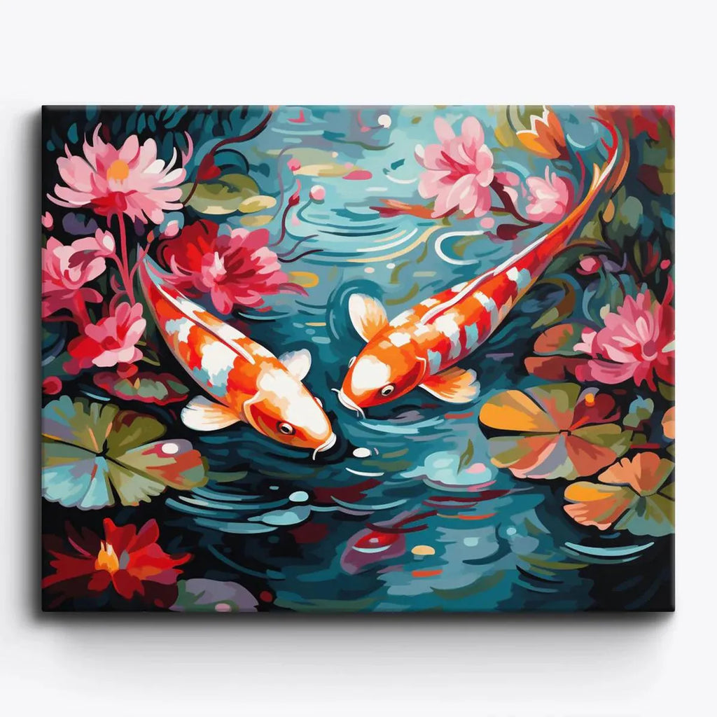 Finished koi pond paint by numbers canvas framed and hung on a study wall