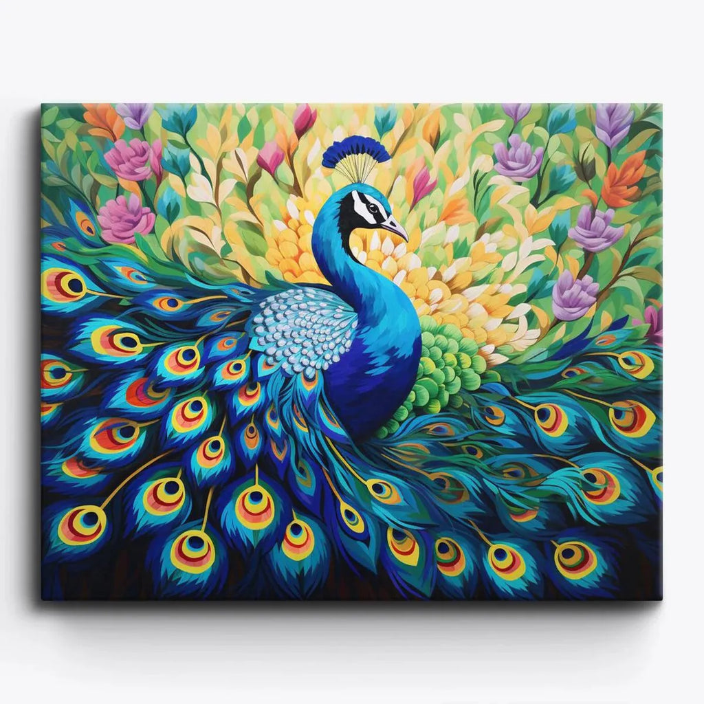 Finished peacock paint by numbers canvas framed and hung in a living room