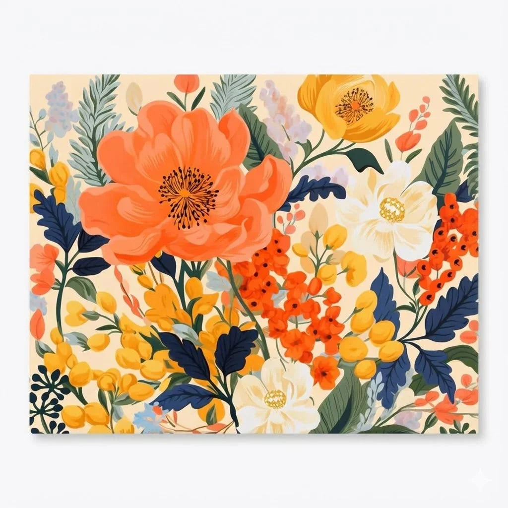 Soft Morning Florals paint by numbers canvas of a bold coral peony bouquet pattern