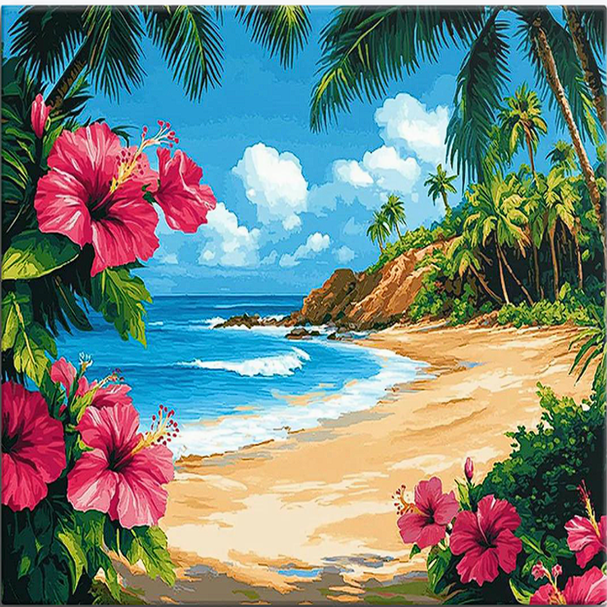 Tropical beach framed by hibiscus and palms, Bliss by the Bay paint by numbers artwork
