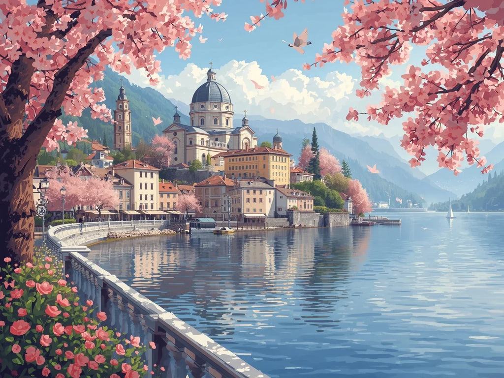 Finished Springtime by the Lake paint by numbers artwork framed on a wall