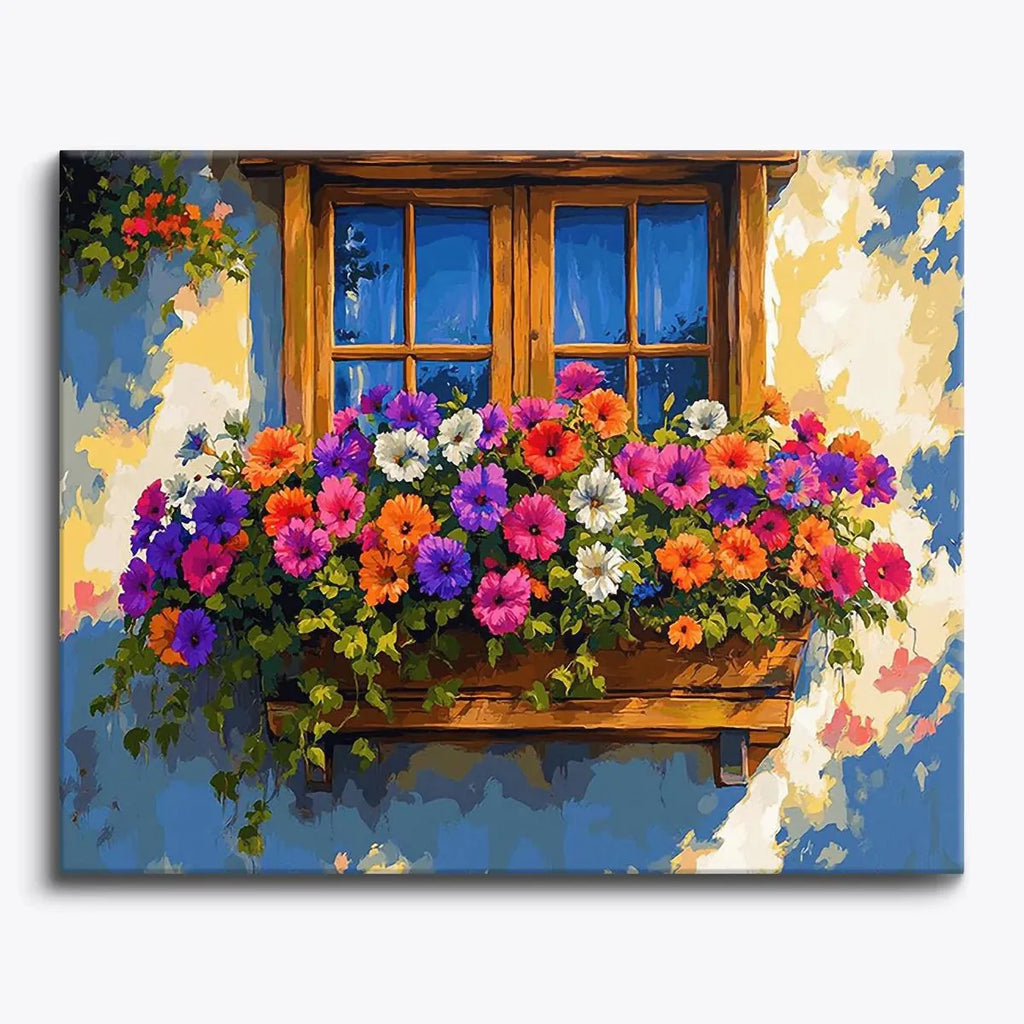 What's inside the Flowers at the Heart Window paint by numbers kit — canvas, paints and brushes