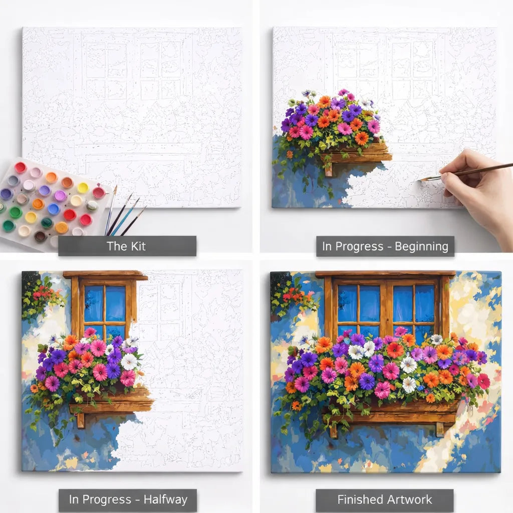 Hands painting petunias on the Heart Window paint by numbers canvas, mid-progress