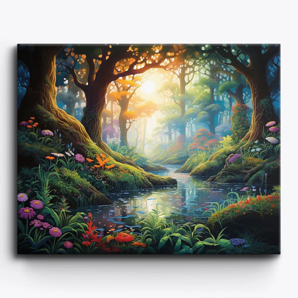 What's inside the Where Light Learns to Rest paint by numbers kit — canvas, paints and brushes