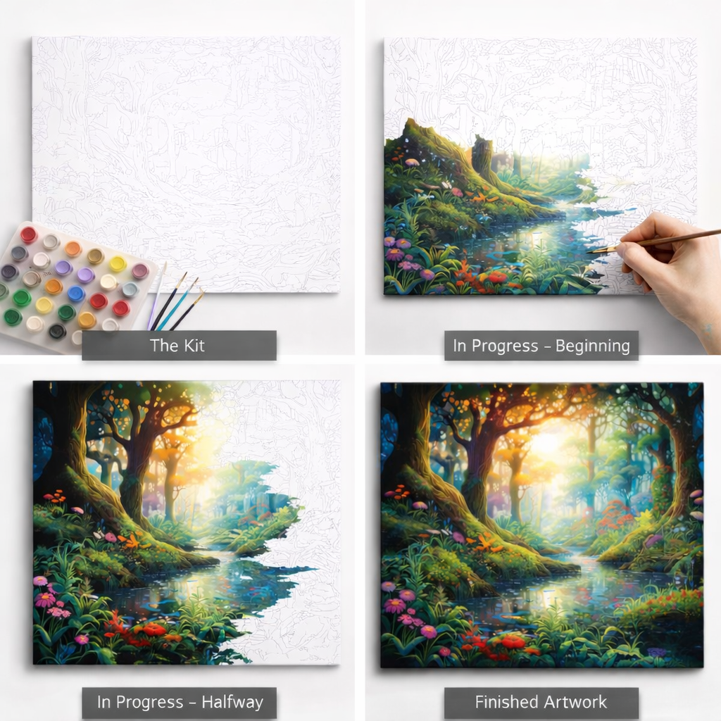 Hands painting the forest canopy on the Where Light Learns to Rest canvas, mid-progress