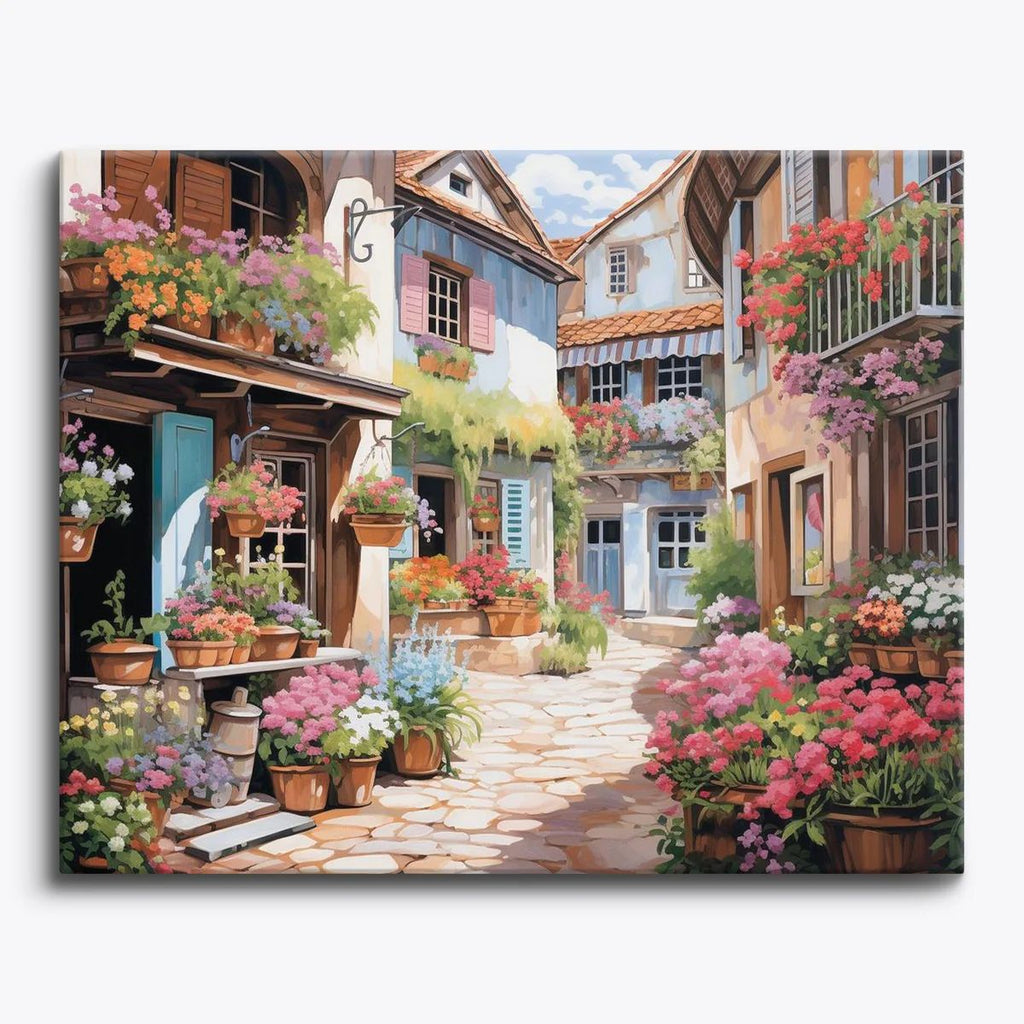 What's inside the Petals & Pathways paint by numbers kit — canvas, paints and brushes