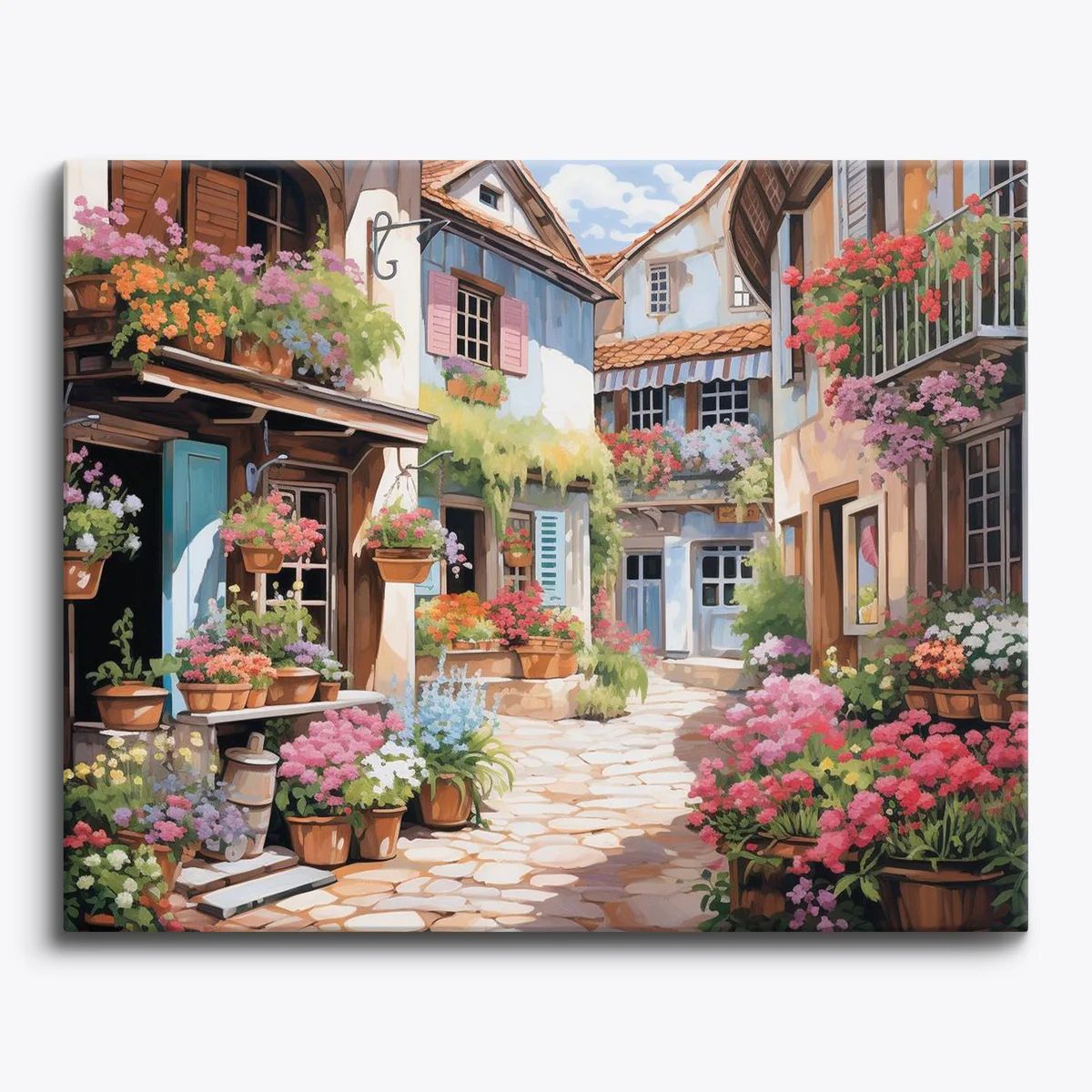 What's inside the Petals & Pathways paint by numbers kit — canvas, paints and brushes