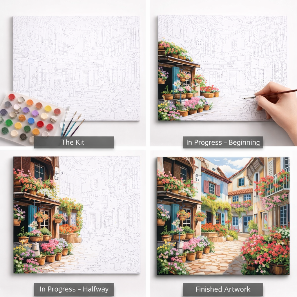 Hands painting flower pots on the Petals & Pathways paint by numbers canvas, mid-progress