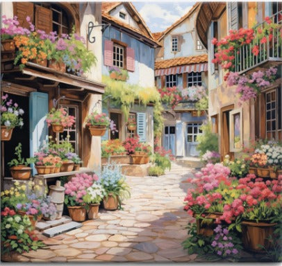 Flower-lined cobbled alley, Petals & Pathways paint by numbers artwork