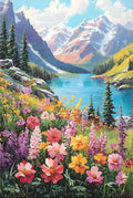 Alpine lake and wildflower meadow paint by numbers artwork