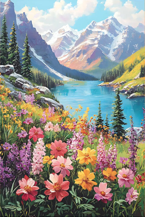 Alpine lake and wildflower meadow paint by numbers artwork