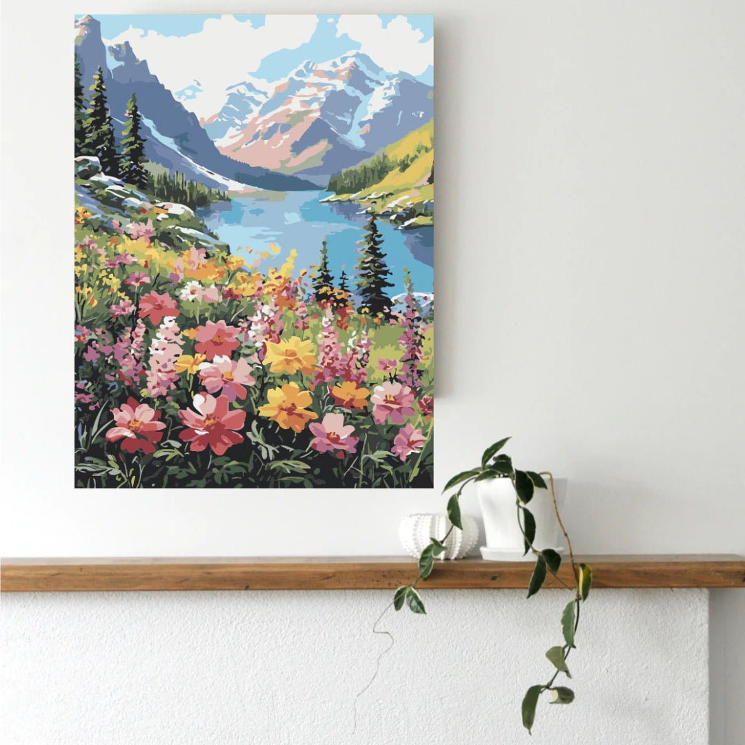 Alpine wildflower paint by numbers canvas mocked up on a living room wall