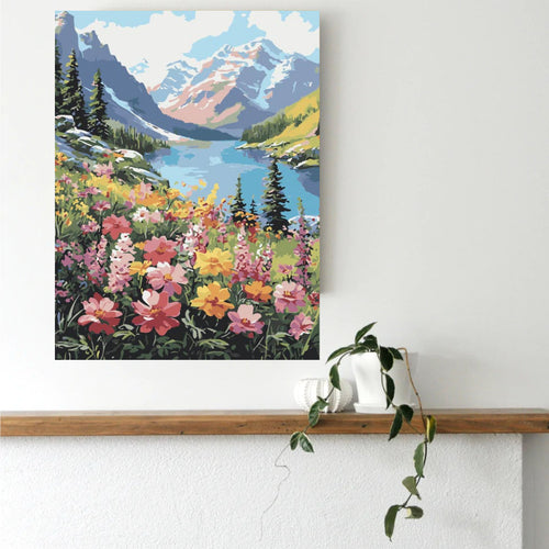 Alpine wildflower paint by numbers canvas mocked up on a living room wall
