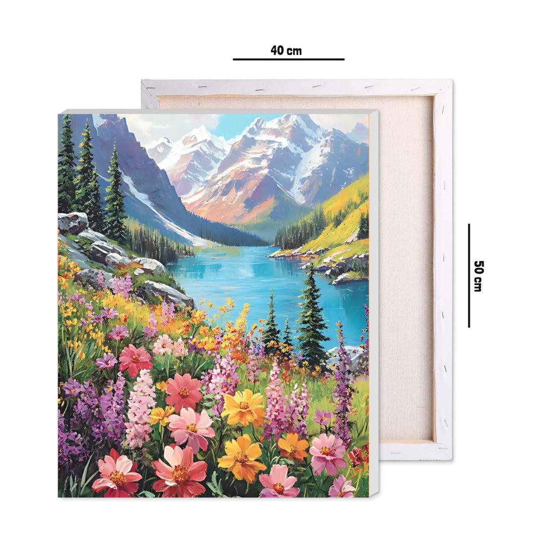 Framed 40 by 50 cm alpine wildflower paint by numbers canvas showing finished size
