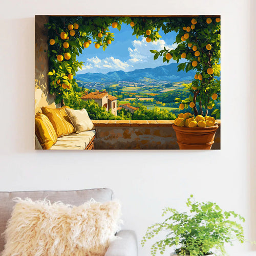 Amalfi Afternoon paint by numbers canvas mocked up above a sofa