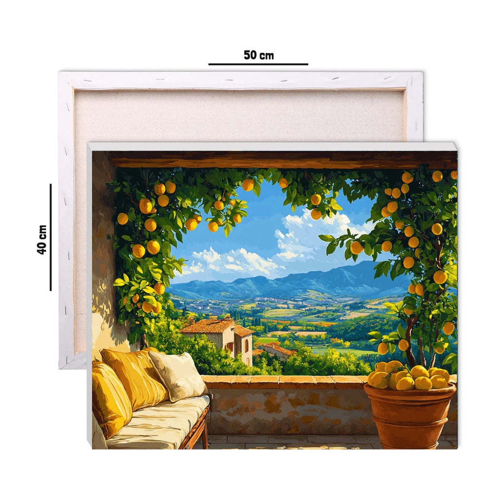 Framed 40 by 50 cm Amalfi terrace paint by numbers canvas showing finished size