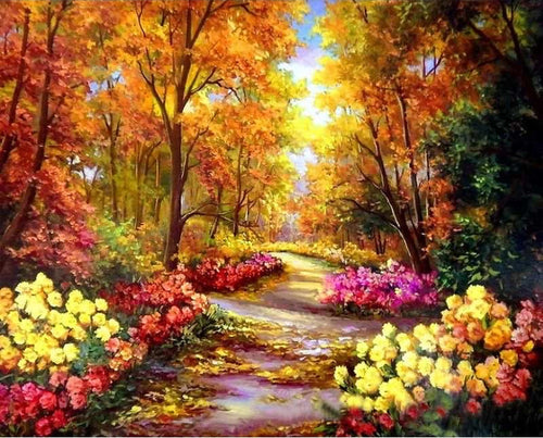 Autumn forest path lined with flowers paint by numbers artwork