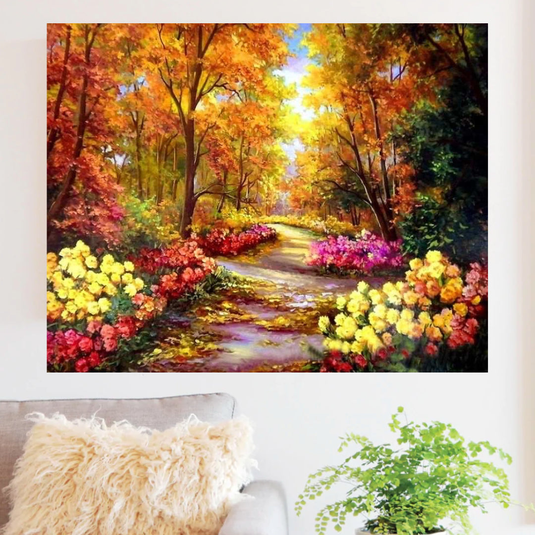 Framed 40 by 50 cm autumn forest path paint by numbers canvas showing finished size