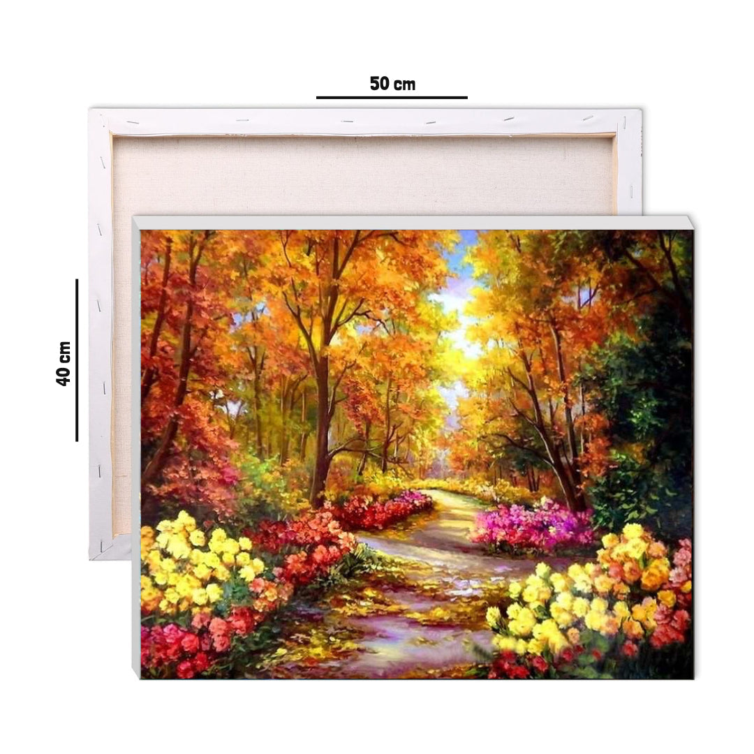 Close angle of the autumn forest path paint by numbers canvas on an easel