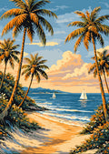 Palm trees and sailboats beach paint by numbers artwork