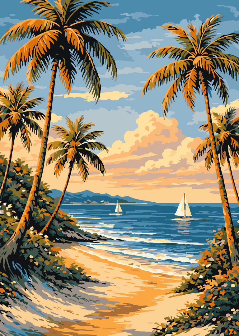 Palm trees and sailboats beach paint by numbers artwork