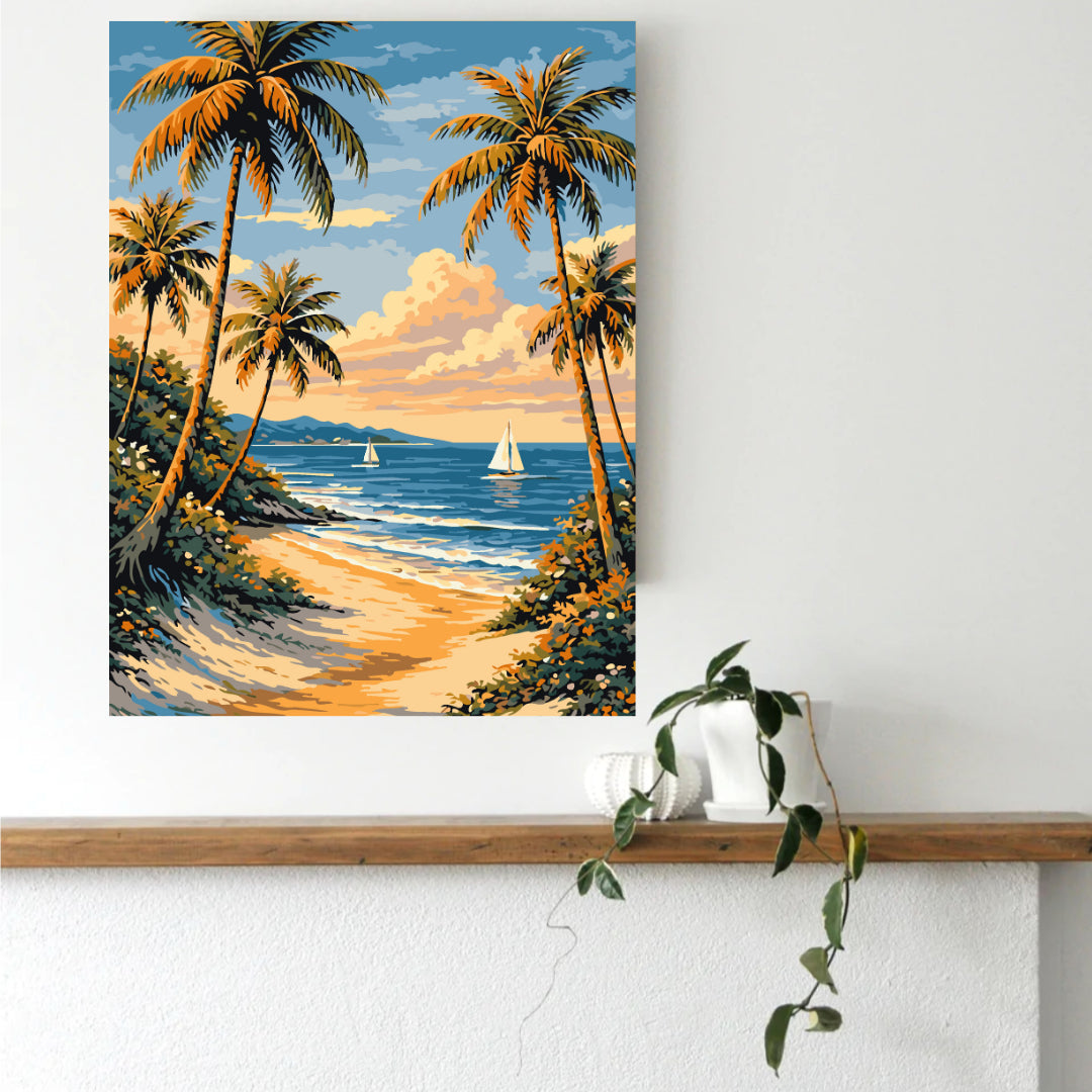 Beach Therapy paint by numbers canvas mocked up in a coastal-themed living room