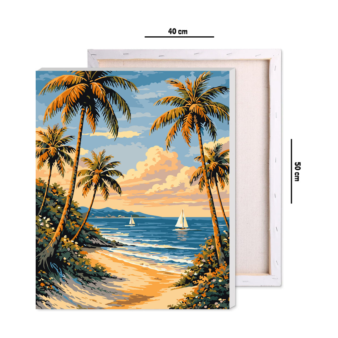 Framed 40 by 50 cm beach scene paint by numbers canvas showing finished size