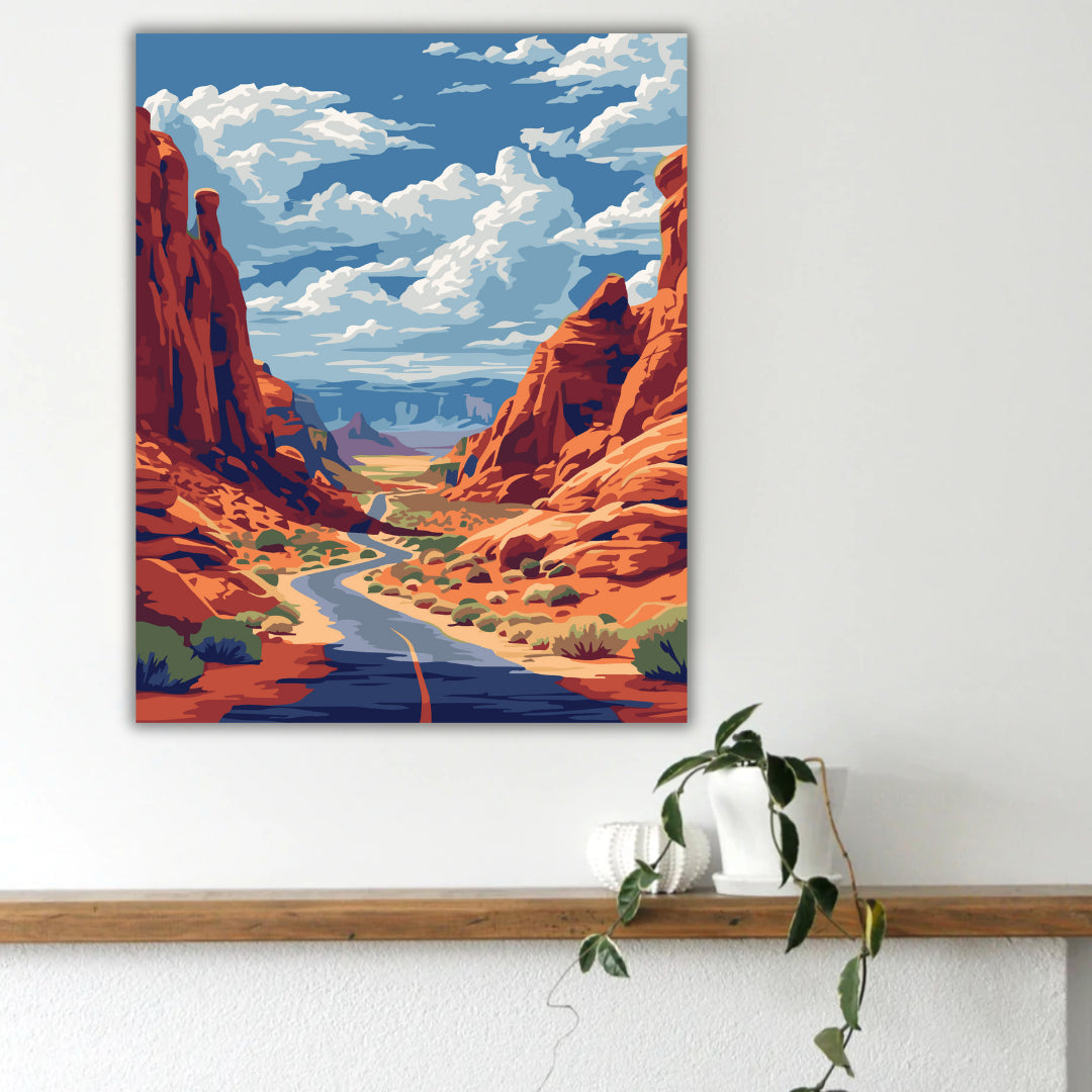 Desert Road paint by numbers canvas mocked up in a study wall