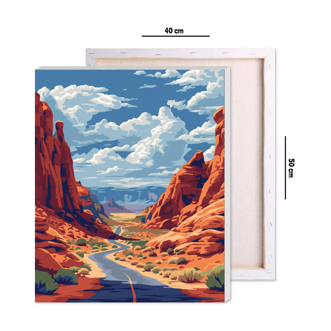Framed 40 by 50 cm desert canyon paint by numbers canvas showing finished size