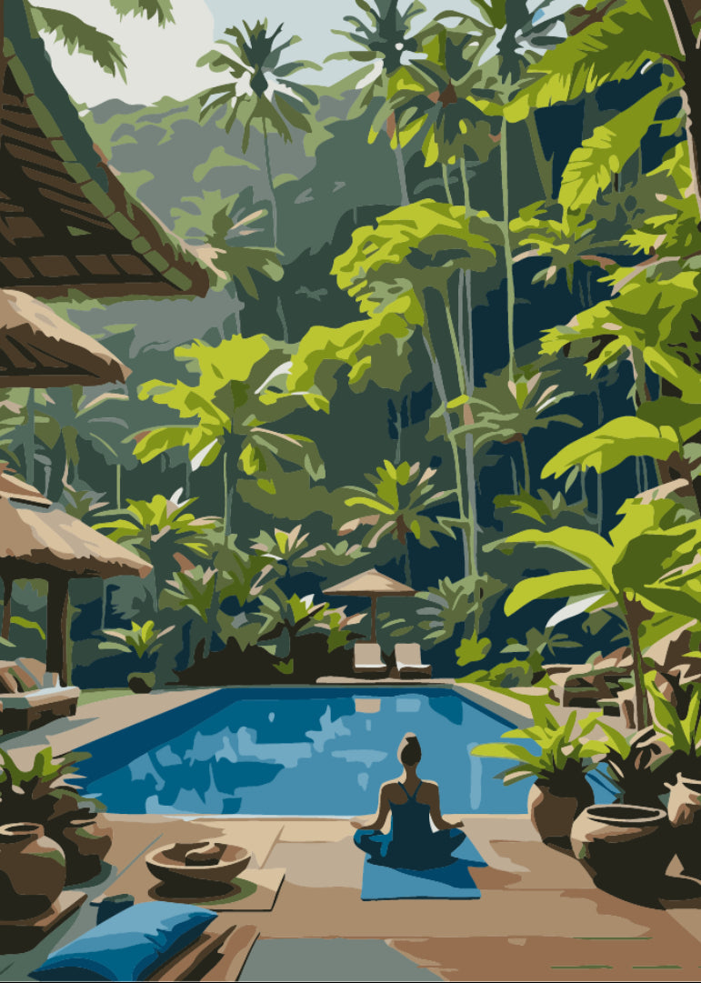 Tropical resort pool meditation scene paint by numbers artwork
