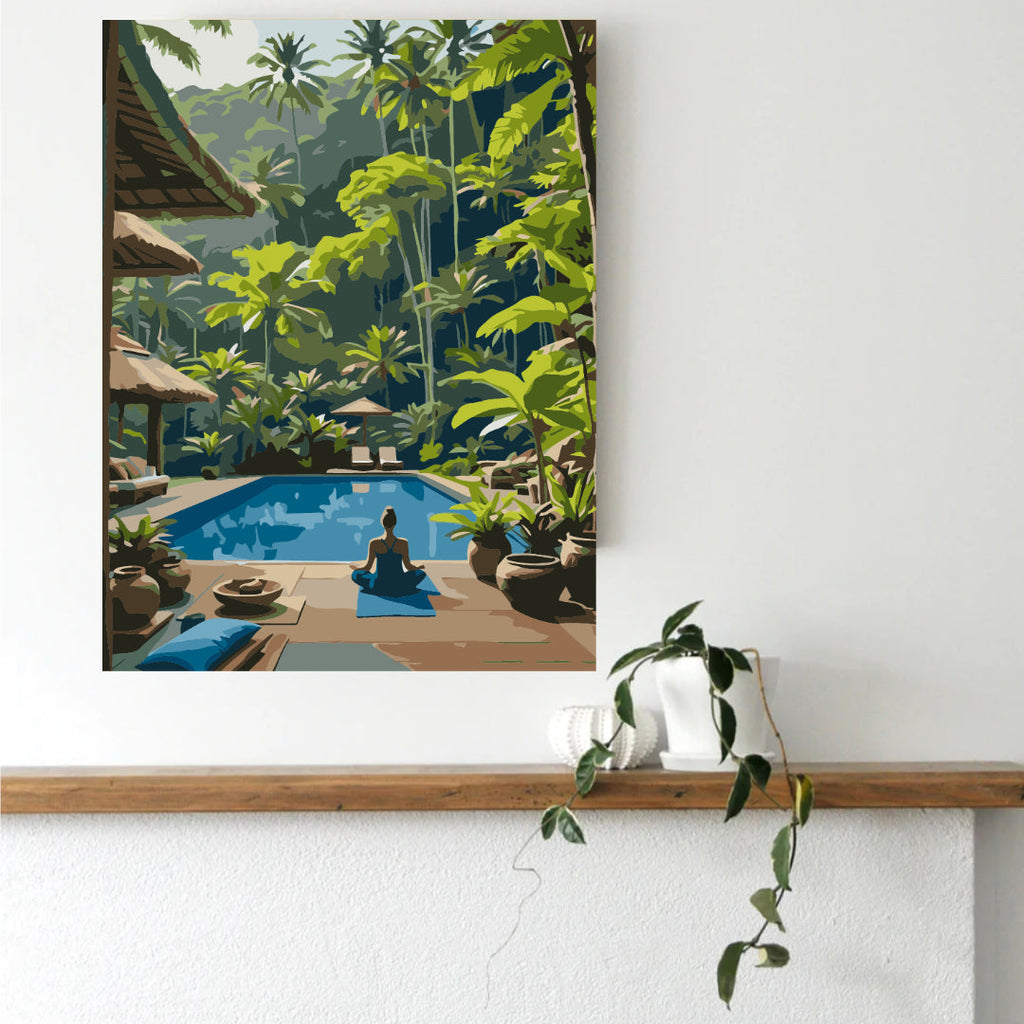 Escape to Paradise paint by numbers canvas mocked up in a calm bedroom