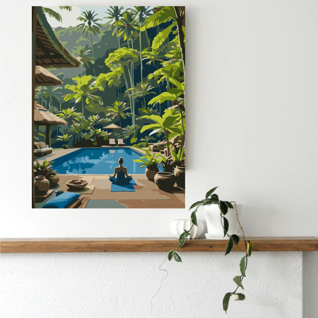 Escape to Paradise paint by numbers canvas mocked up in a calm bedroom