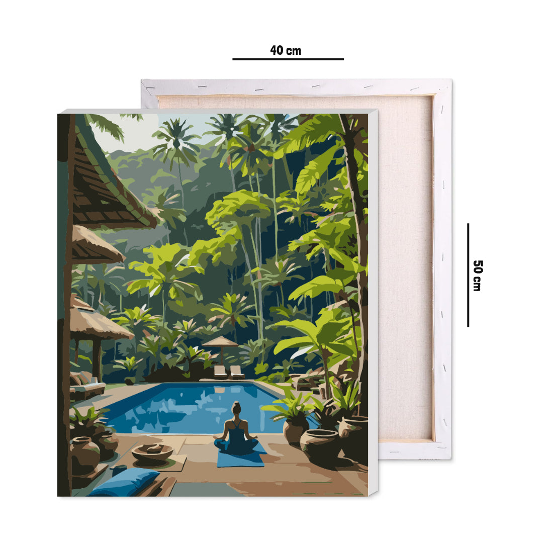 Framed 40 by 50 cm tropical pool paint by numbers canvas showing finished size