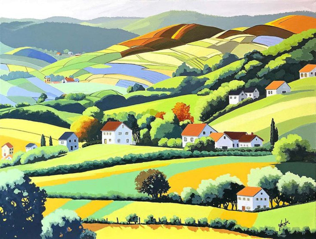 European Countryside paint by numbers canvas mocked up above a console table