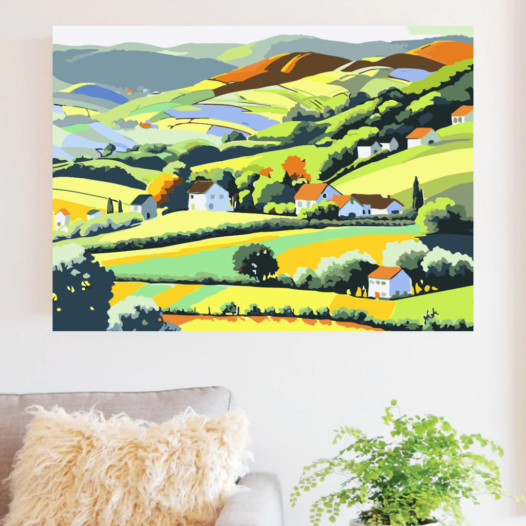 Framed 40 by 50 cm European countryside paint by numbers canvas showing finished size