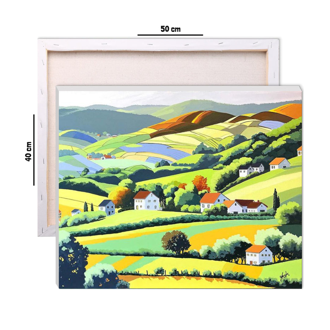 European Countryside paint by numbers canvas displayed on a tabletop easel