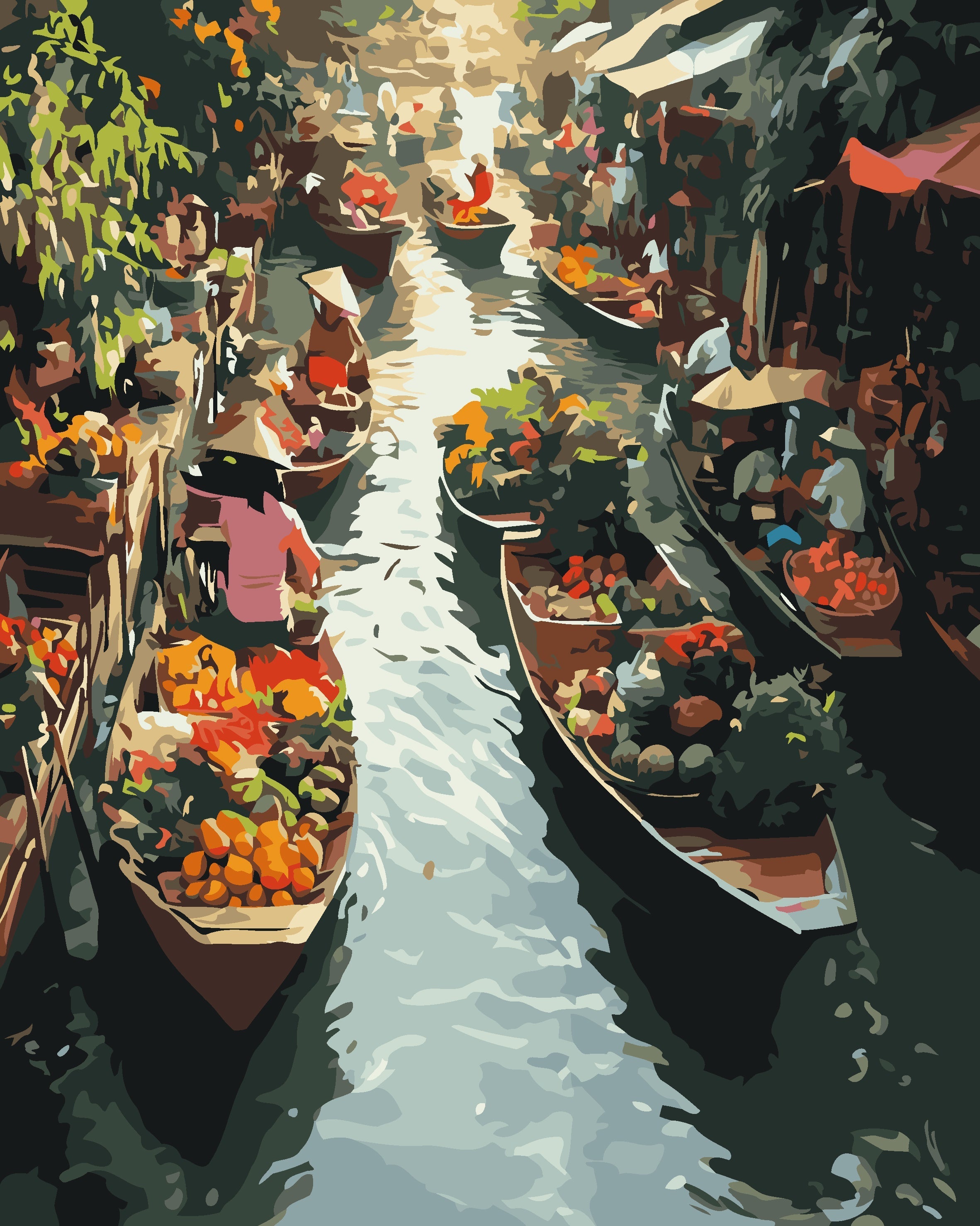 Floating market canal with boats paint by numbers artwork