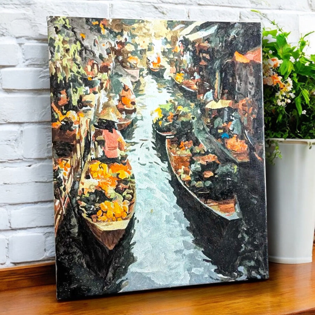 Floating Market paint by numbers canvas mocked up in a dining room