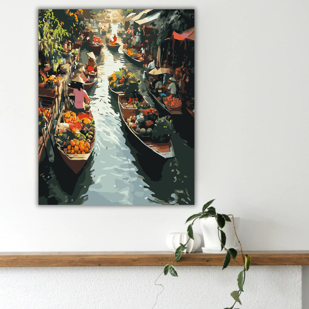 Framed 40 by 50 cm floating market paint by numbers canvas showing finished size