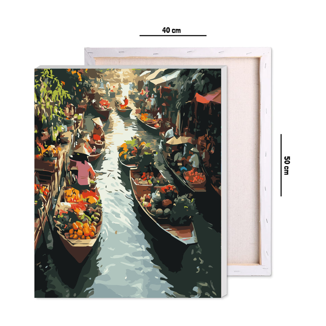 Floating Market paint by numbers canvas shown close up on a wooden table